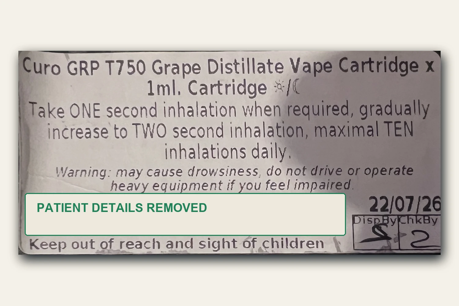 Genuine anonymised UK medical cannabis dispensing label showing medicine information and dispensing directions.